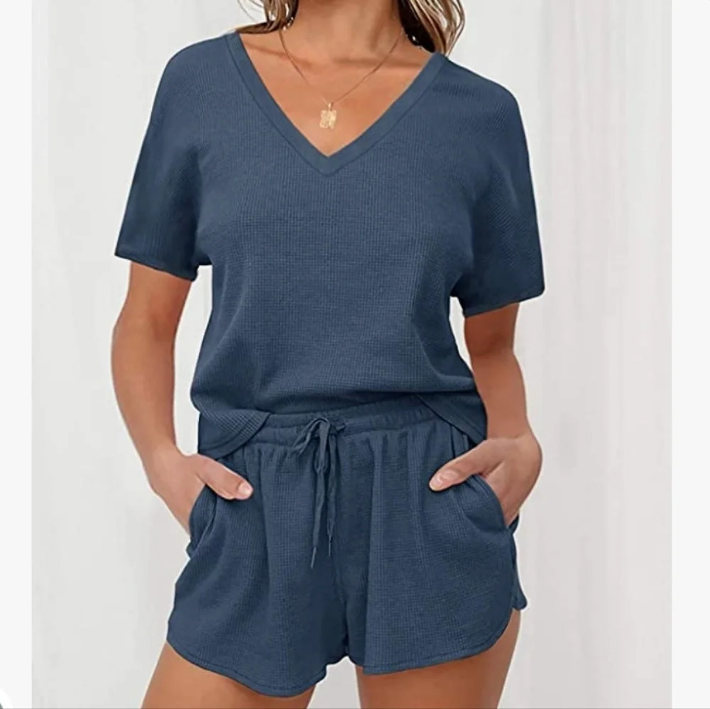 NWT MEROKEETY‎ 2-Piece Blue Waffle Pajama Set Lounge Top & Shorts Women's Large